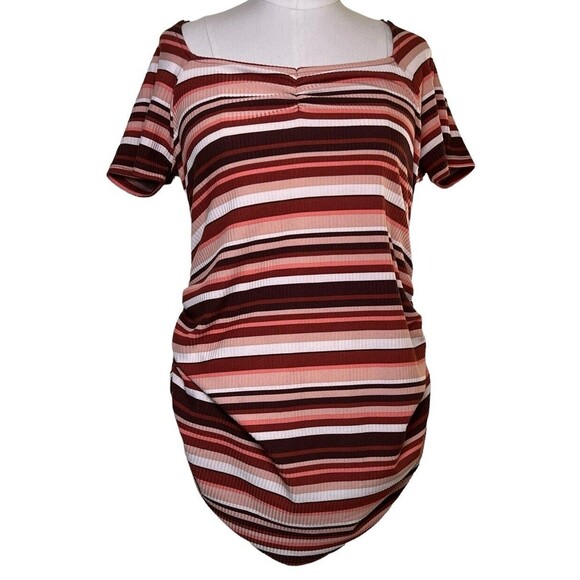 Full Moon MATERNITY Ruched Square V Neck Short Sleeve Striped Ribbed Shirt Small - Picture 4 of 11